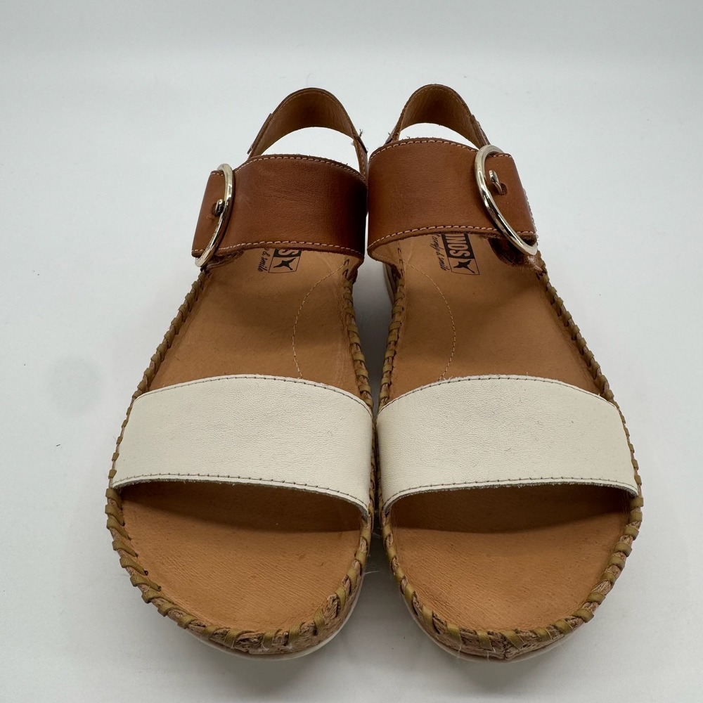 Pikolinos Sandals Womens 41 Leather Wedge White Brown Slingback Buckle Comfort